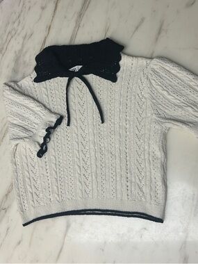 Zara White Cable-Knit Short Sleeve Sweater with Black Contrast Collar